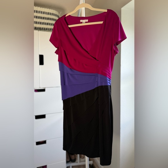 London Style Collection Purple Pink Black Ruffle Sheath Midi Dress Plus Size 16 - Picture 1 of 7